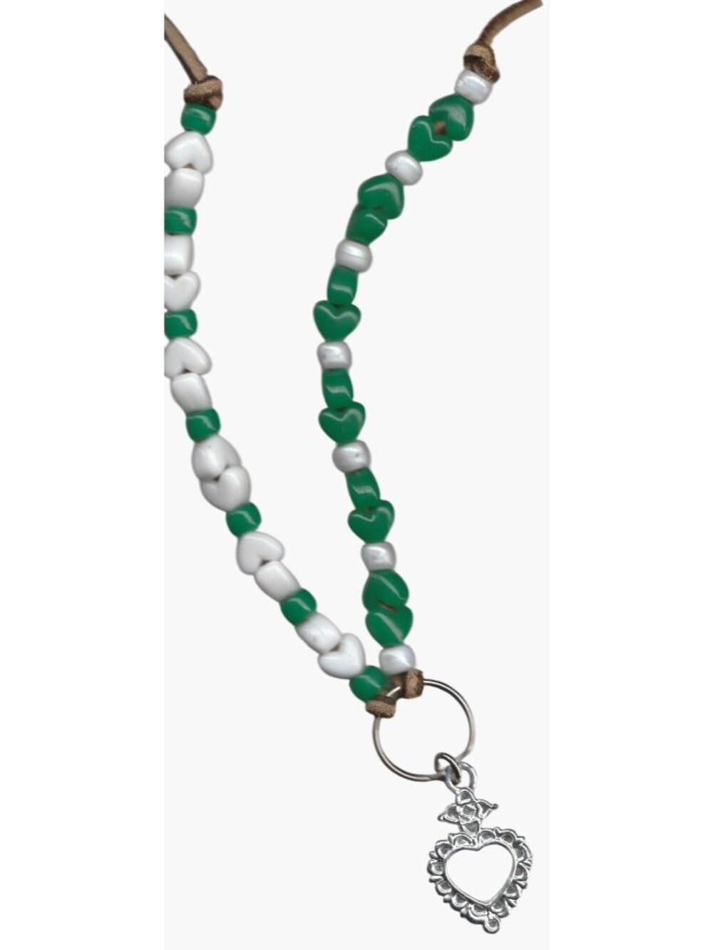Green White Keyring Celtic Heart Leather Beaded Luck of Irish St Patricks Day